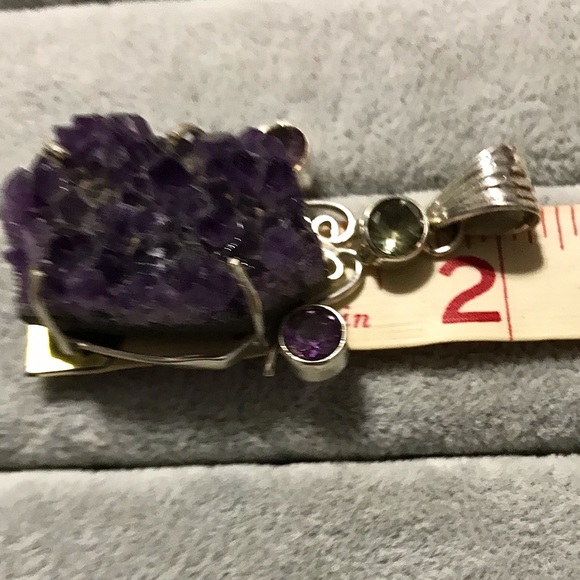 New Sterling Silver Large Purple Amethyst Druzy Pendant Green Accent Crystal Gem - Picture 6 of 14